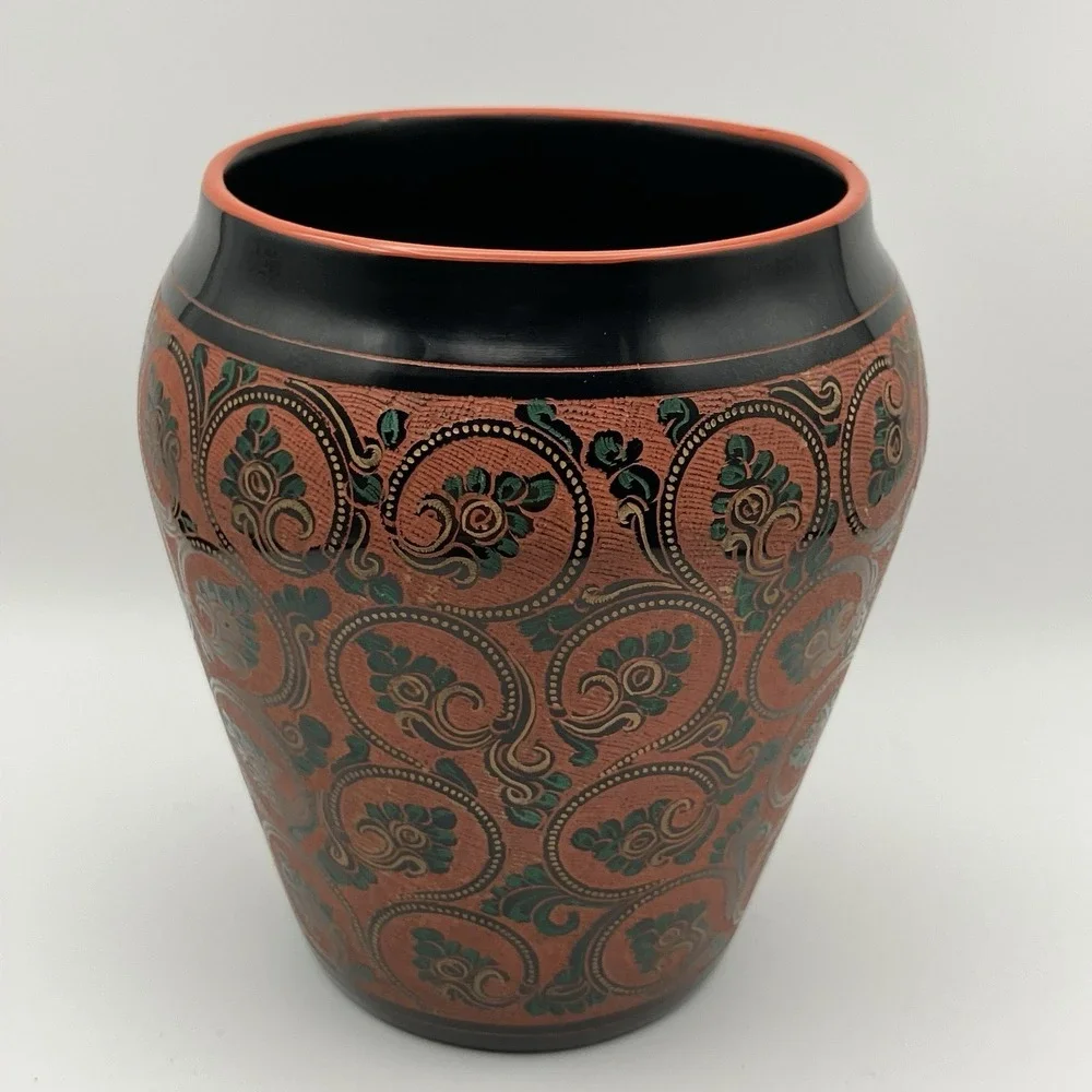 Vintage Burmese‎ Lacquerware Vase with Hand-Carved Design